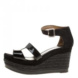 Pre Owned Hermes Black Suede and Patent Leather Ilana Espadrille Wedges Sandals Size 39
