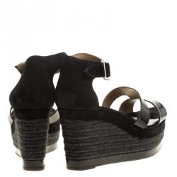 Pre Owned Hermes Black Suede and Patent Leather Ilana Espadrille Wedges Sandals Size 39