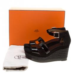 Pre Owned Hermes Black Suede and Patent Leather Ilana Espadrille Wedges Sandals Size 39