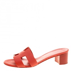 Pre Owned Hermes Orange Leather Oasis Slides Size 38.5