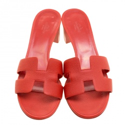 Pre Owned Hermes Orange Leather Oasis Slides Size 38.5