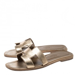 Hermes Metallic Bronze Leather Oran Flat Sandals Size 35