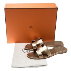 Hermes Metallic Bronze Leather Oran Flat Sandals Size 35