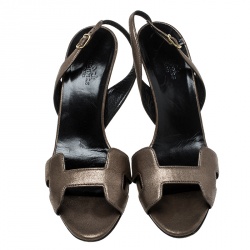 Pre Owned Hermes Metallic Bronze Suede Night Slingback Sandals Size 40