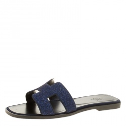 Hermes Blue Crystal Embellished Leather Oran Sandals Size 38