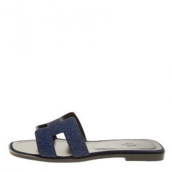Hermes Blue Crystal Embellished Leather Oran Sandals Size 38