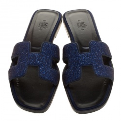 Hermes Blue Crystal Embellished Leather Oran Sandals Size 38