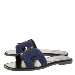 Hermes Blue Crystal Embellished Leather Oran Sandals Size 38