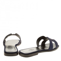 Hermes Blue Crystal Embellished Leather Oran Sandals Size 38