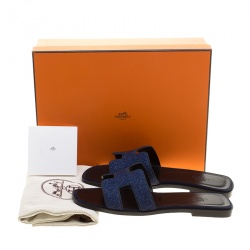 Hermes Blue Crystal Embellished Leather Oran Sandals Size 38