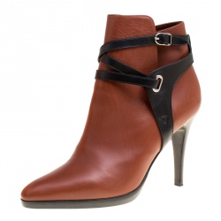 Hermes Brown/Black Leather Cross Strap Pointed Toe Ankle Boots Size 37.5