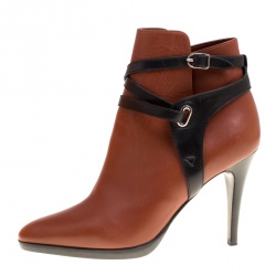 Hermes Brown/Black Leather Cross Strap Pointed Toe Ankle Boots Size 37.5