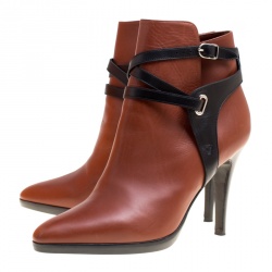 Hermes Brown/Black Leather Cross Strap Pointed Toe Ankle Boots Size 37.5