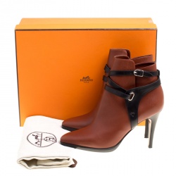 Hermes Brown/Black Leather Cross Strap Pointed Toe Ankle Boots Size 37.5