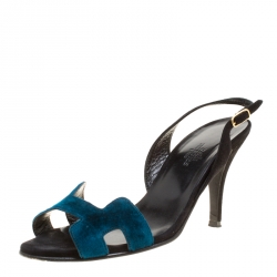 Hermes Blue/Black Velvet and Suede Night Slingback Sandals Size 36.5