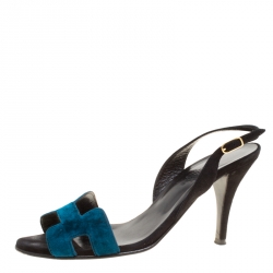 Hermes Blue/Black Velvet and Suede Night Slingback Sandals Size 36.5