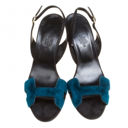 Hermes Blue/Black Velvet and Suede Night Slingback Sandals Size 36.5