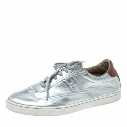 Pre Owned Hermes Metallic Silver Leather Quicker Sneakers Size 40