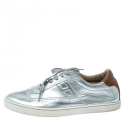Pre Owned Hermes Metallic Silver Leather Quicker Sneakers Size 40