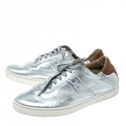 Pre Owned Hermes Metallic Silver Leather Quicker Sneakers Size 40