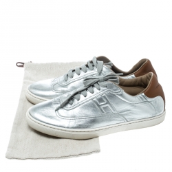 Pre Owned Hermes Metallic Silver Leather Quicker Sneakers Size 40