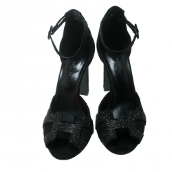 Pre Owned Hermes Black Embellished Satin Krystal Ankle Strap Sandals Size 39