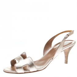 Pre Owned Hermes Metallic Bronze Leather Night Slingback Sandals Size 39.5
