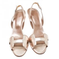 Pre Owned Hermes Metallic Bronze Leather Night Slingback Sandals Size 39.5