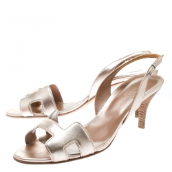 Pre Owned Hermes Metallic Bronze Leather Night Slingback Sandals Size 39.5