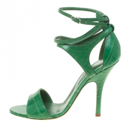 Hermes Green Crocodile Leather Cross Ankle Wrap Sandals Size 38