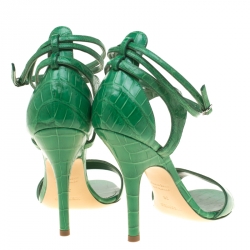 Hermes Green Crocodile Leather Cross Ankle Wrap Sandals Size 38