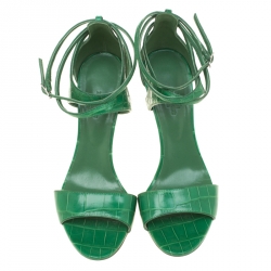 Hermes Green Crocodile Leather Cross Ankle Wrap Sandals Size 38