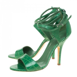 Hermes Green Crocodile Leather Cross Ankle Wrap Sandals Size 38