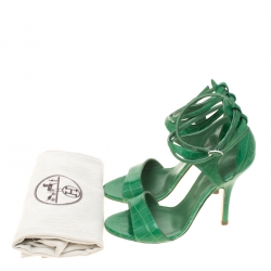Hermes Green Crocodile Leather Cross Ankle Wrap Sandals Size 38