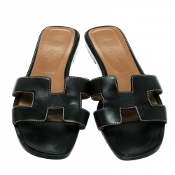 Hermes Black Leather Oran Flat Sandals Size 39.5