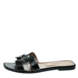 Hermes Black Leather Oran Flat Sandals Size 39.5