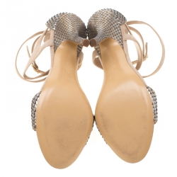 Hermes Metallic Beige Python Leather And Suede Cross Ankle Wrap Sandals Size 38