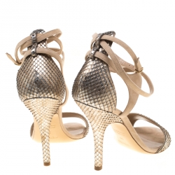 Hermes Metallic Beige Python Leather And Suede Cross Ankle Wrap Sandals Size 38