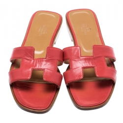 Pre Owned Hermes Red Leather Oran Box Sandals Size 36