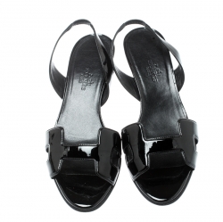 Pre Owned Hermes Black Patent Leather Ottomane Slingback Sandals Size 37