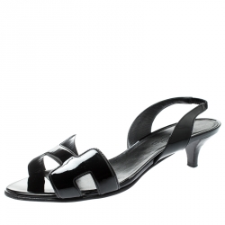 Pre Owned Hermes Black Patent Leather Ottomane Slingback Sandals Size 37