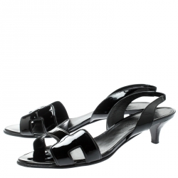 Pre Owned Hermes Black Patent Leather Ottomane Slingback Sandals Size 37