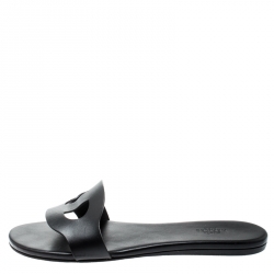 Hermes Black Leather Lisboa Flat Slides Size 38