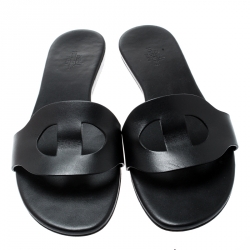 Hermes Black Leather Lisboa Flat Slides Size 38