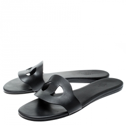 Hermes Black Leather Lisboa Flat Slides Size 38