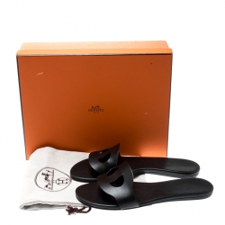 Hermes Black Leather Lisboa Flat Slides Size 38