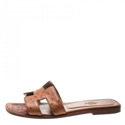 Hermes Brown Ostrich Leather Oran Sandals Size 37