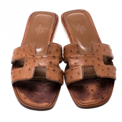 Hermes Brown Ostrich Leather Oran Sandals Size 37