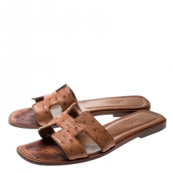 Hermes Brown Ostrich Leather Oran Sandals Size 37