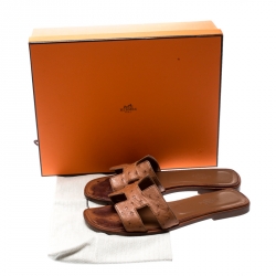 Hermes Brown Ostrich Leather Oran Sandals Size 37